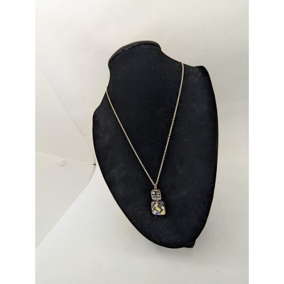 Sandy Baker Sterling 925 Paula shell horn inlay mosaic pendant on 925 Necklace - Picture 4 of 16